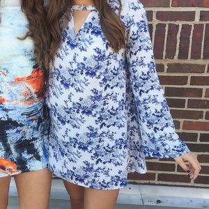 En Creme White Tunic Dress with Blue Flowers